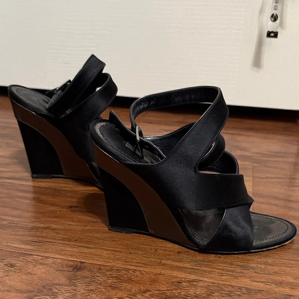 Louis Vuitton Black Satin Cross Strap Open Toe Wedges Minimalist Quiet Luxury